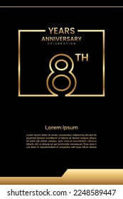 8. Jubiläum Template Design mit goldener Farbe für Feierlichkeiten, Einladung, Banner, Poster, Flyer, Grußkarte, Buchumschlag. Vektorvorlage