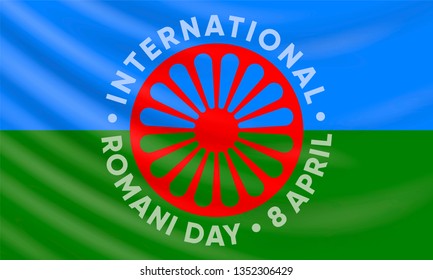 8th of April - International Romani Day. Vector banner design template with a realistic Romani flag and text.