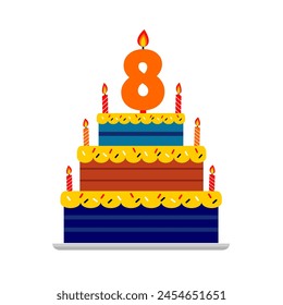 8th birthday cake blue and chocolate with numeric candle. cartoon style tart cake happy birthday for kids illustration. Cake element. Celebration tart. Editable vector.