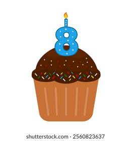 8th Birthday Cake. Chocolate cupcake clip art vector. Cupcake with colourful mess candy isolated on a white background. Anniversary cake. Birthday cake. Valentine cupcake