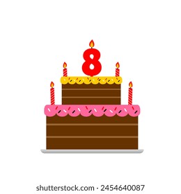 8th birthday cake chocolate and red numeric candle. cartoon style tart happy birthday for kids illustration