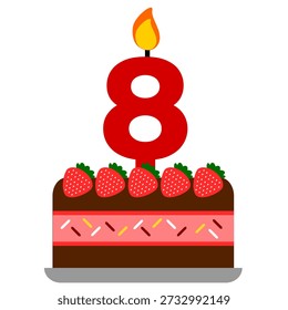 8th birthday cake strawberry with chococlate and pink colour cream clip art vector illustration. Birthday cake or tart cake cut out printable