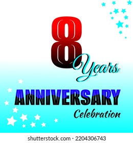 8th birthday celebration background. Red gradient colored numbers and blue gradient background decorated with stars.