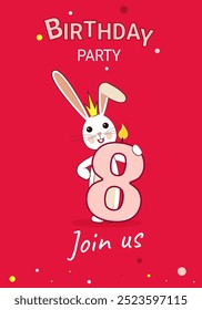 The 8th birthday of the child. A birthday invitation. A bunny holds a candle number 8 on a pink background.