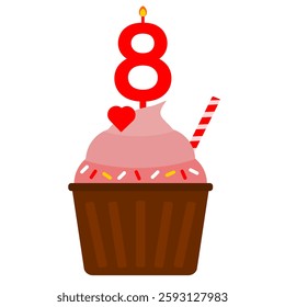 8th birthday cupcake cartoon clip art. Cupcake chocolate cartoon flat style. Isolated white background