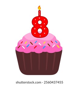 8th birthday cupcake. Pink cupcake with a numeral red candle on top. Birthday or Anniversary event element. Sweet Desert. Pink cupcake clip art cartoon style isolated in white background