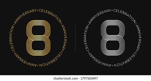 8th birthday. Eight years anniversary celebration banner in golden and silver colors. Circular logo with original number design in elegant lines.