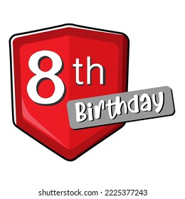 8. Geburtstag auf rotem Schild. 
Vektorgrafik einzeln auf weißem Hintergrund. Flachdesign 