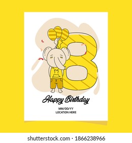 8th birthday party invitation card with cartoon baby animal elephant character design