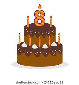 8th cake birthday chocolate taste with orange candle elemen and white background vector editable