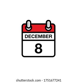 8 de diciembre día plano del icono del calendario del mes. Concepto de fecha y hora. Diseño de ilustración de vector