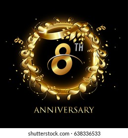 8th gold anniversary celebration With confetti, ring, and abstract elements, isolated on dark background