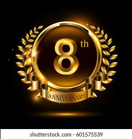 8th golden anniversary celebration logo with ring and ribbon, laurel wreath design