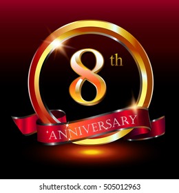 8th golden anniversary logo, 8 years anniversary celebration with ring and ribbon.