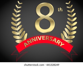 8th golden anniversary logo with red ribbon. 8 years anniversary signs illustration.