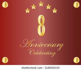 Logo del 8 aniversario dorado con anillo, diseño de vector de corona laurel.