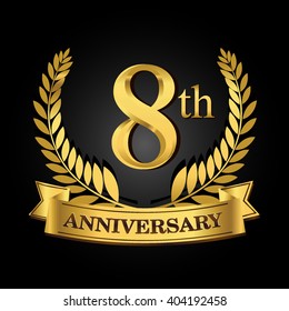 8th golden anniversary logo with ring and ribbon, laurel wreath vector design isolated on black background