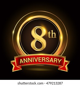 8th golden anniversary logo with ring and ribbon. Vector design template elements for your birthday celebration.