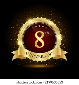 8th golden anniversary logo, with shiny ring and golg ribbon, isolated on black background, vector design