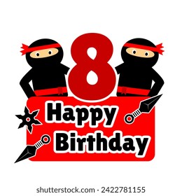 8.º feliz cumpleaños tema ninja color negro rojo blanco. ninja mascot feliz cumpleaños con kunai o elemento de herramientas ninja tradicionales