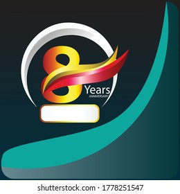 8th. Illustration of Celebration Design. Vector Celebration of 8th Anniversary Celebration. 8th anniversary logo with golden ring, confetti and red ribbon isolated on elegant black background, sparkle