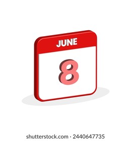 Icono 3D del calendario del 8 de junio. 3D Junio 8 calendario Fecha, Mes icono vector ilustrador