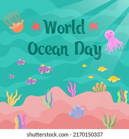 The 8th of June is World Ocean Day, Save our oceans, flat illustration of a fish swimming underwater with beautiful coral and seaweed