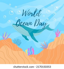 The 8th of June is World Ocean Day, Save our oceans, flat illustration of a fish swimming underwater with beautiful coral and seaweed