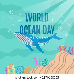 The 8th of June is World Ocean Day, Save our oceans, flat illustration of a fish swimming underwater with beautiful coral and seaweed