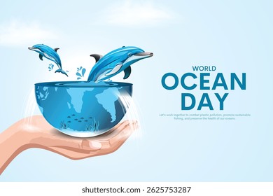 8th of june world ocean day banner design with hand hold dolphin and blue earth. creative vector illustration.