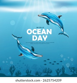 8 de junho projeto banner do dia mundial do oceano com golfinho no oceano profundo. ilustração vetorial criativa.