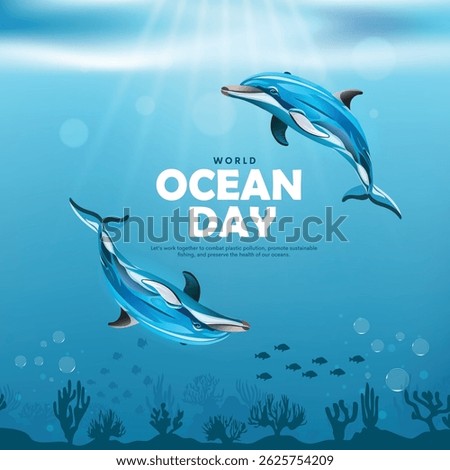 8th of june world ocean day banner design with dolphin into the deep ocean. creative vector illustration.