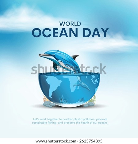 8th of june world ocean day banner design with dolphin and blue earth. creative vector illustration.