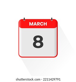 8th March calendar icon. March 8 calendar Date Month icon vector illustrator