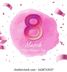 8th march happy women’s day. International women’s day with halftone pink watercolor background and confetti spark . Happy mother’s day. Illustration vector EPS 10.