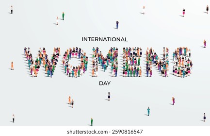 8th March happy international women's day concept. A large group of different professional women create word womens. Feminism. Women's equality day and women's empowerment.  Vector Illustration.