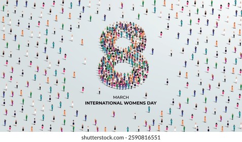 8th March happy international women's day concept. A large group of different professional women create number eight. Feminism. Women's equality day and women's empowerment.  Vector Illustration.