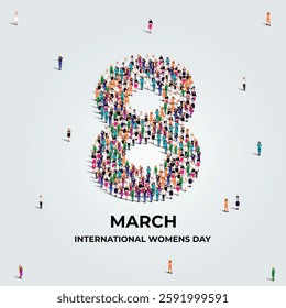 8th March happy international women's day concept. A large group of different professional women create number eight. Feminism. Women's equality day and women's empowerment.  Vector Illustration.