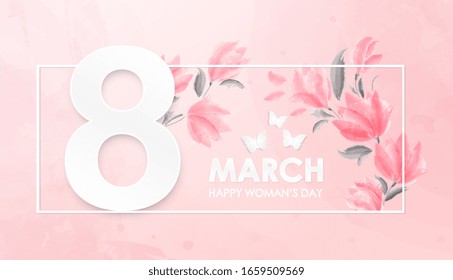 8th March Happy Woman's Day Poster design in pretty pink with butterflies and leaves surrounding the numeral 8 above text, vector illustration