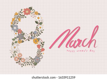 8th March, Happy women's day vector. 8 flower doodles hand drawn, lines background.
