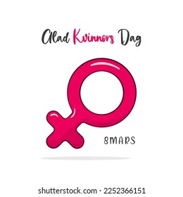 8th March, Happy Women's Day lettering in Swedish (Glad Kvinnors Dag) and gender symbol. Vector illustration. Isolated on white background