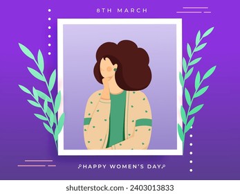 8th March, Happy Women's Day Greeting Card with Cartoon Young Woman Image and Leaves on Purple Background.