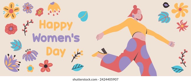 8th March Happy Women's Day banner wirh happy free woman jumping in air. Colored flat vector illustration isolated on simple background. Concept of freedom, happiness and aspirations