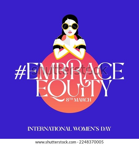 8th March hugging herself. Embrace Equity is campaign theme of International Women's Day 2023. Vector illustration Foto d'archivio © 