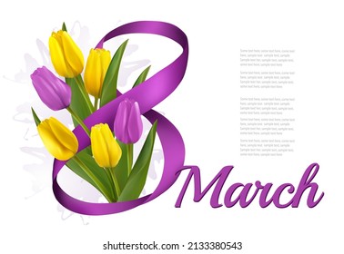 8th March illustration. Holiday  flowers background with yellow and  purple tulips and ribbon. Vector.