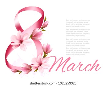 8th March illustration with a pink flowers. International Women's Day. Vector.