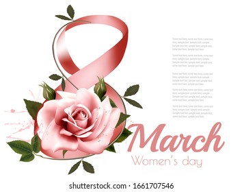 8th March illustration with a pink  roses. International Women's Day. Vector.