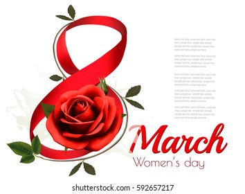 8th March illustration with red rose. International Women's Day. Vector.