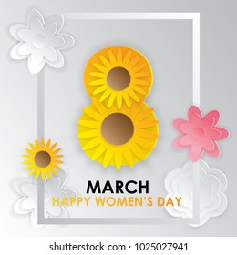8th of March. International Women's Day  Background with Sunflower and Number Eight in square frame. Paper Art and Digital craft style.