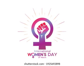 8th March, International women's day with woman sign, fist hand and typography